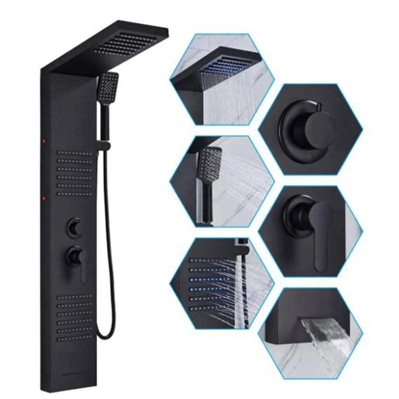 Black Shower Column LED Rainfall Bathroom Faucet with Massage Jet Shower Panel System 5 Modes Waterfall Hot and Cold Mixer Tap