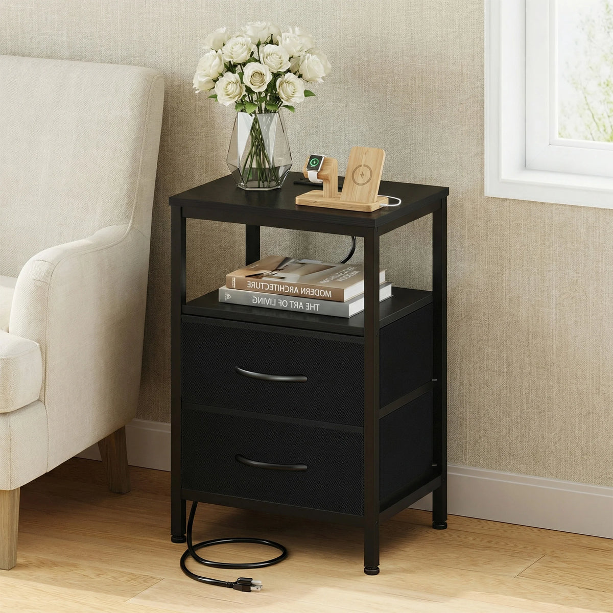JHK Fabric Nightstand With USB Charging And Open Shelf