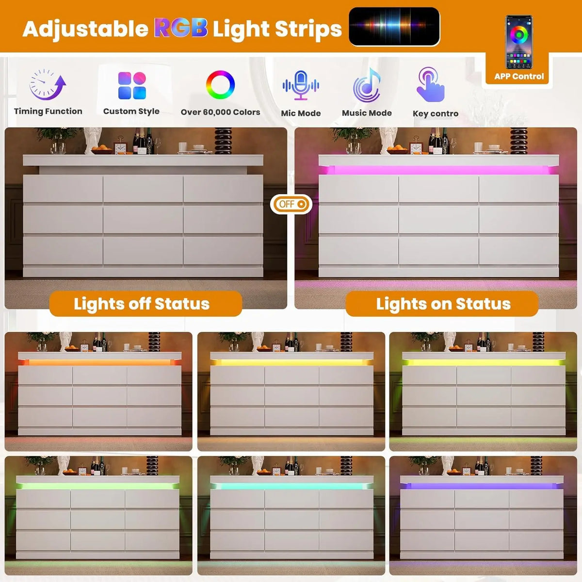 Acekool 9 Drawer Dresser With LED Lights And Charging Station