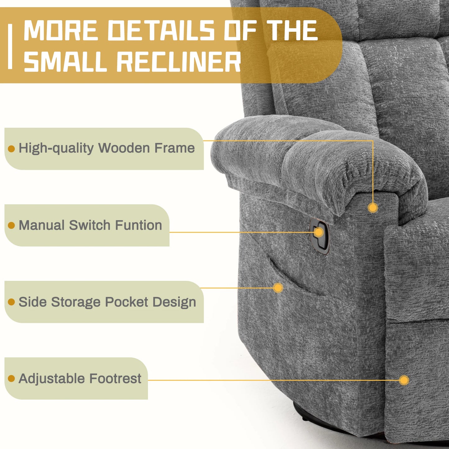 KORSER Chenille Swivel Rocker Recliner Chair With Side Pockets