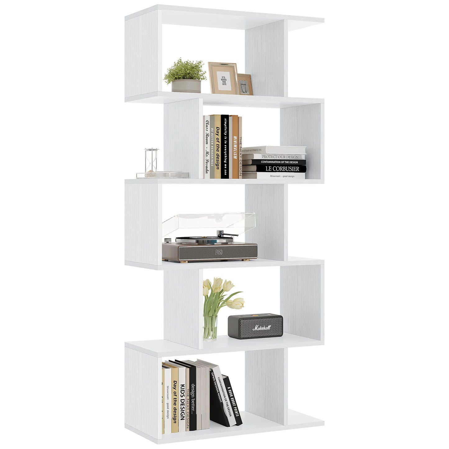 JHK Modern Five Tier Wooden S Shaped Display Bookcase