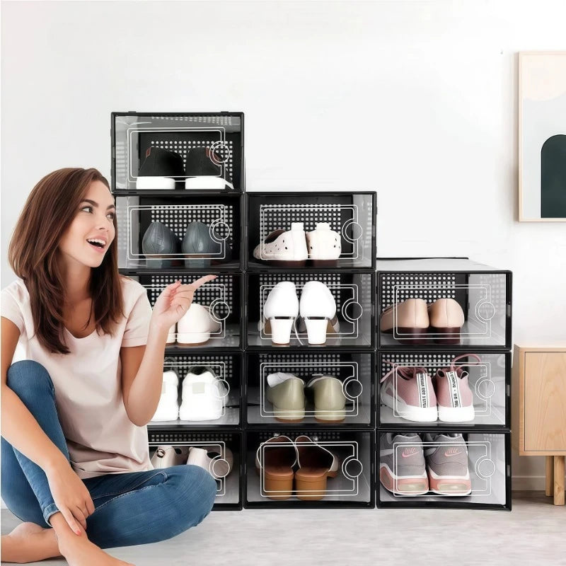 12 Pack Stackable Clear Plastic Shoe Storage Boxes with Front Door, Foldable Shoe Organizer Containers, Dust-Proof Transparent Shoe Drawer Bins for Closet Bedroom Sneaker Boots Storage