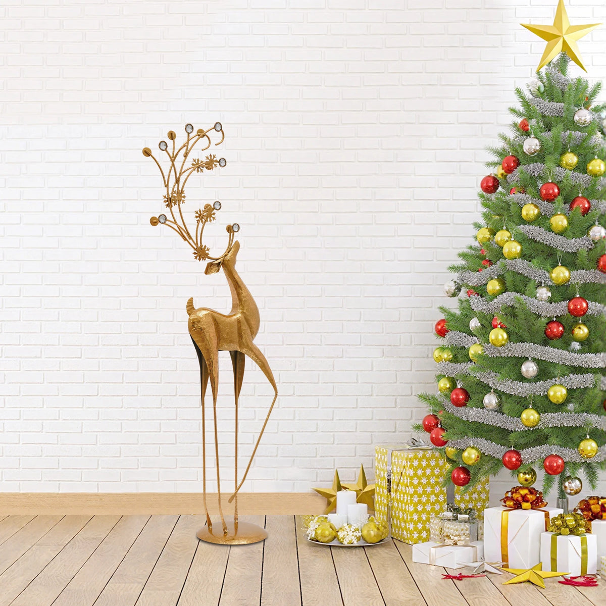 85CM Large Gold Deer Statue, Retro Iron & Plastic Sculpture with Rhinestone Antlers, High-Temperature Baking Paint, Sturdy Freestanding Home Decor Ornament for Living Room, Office, Christmas Gift