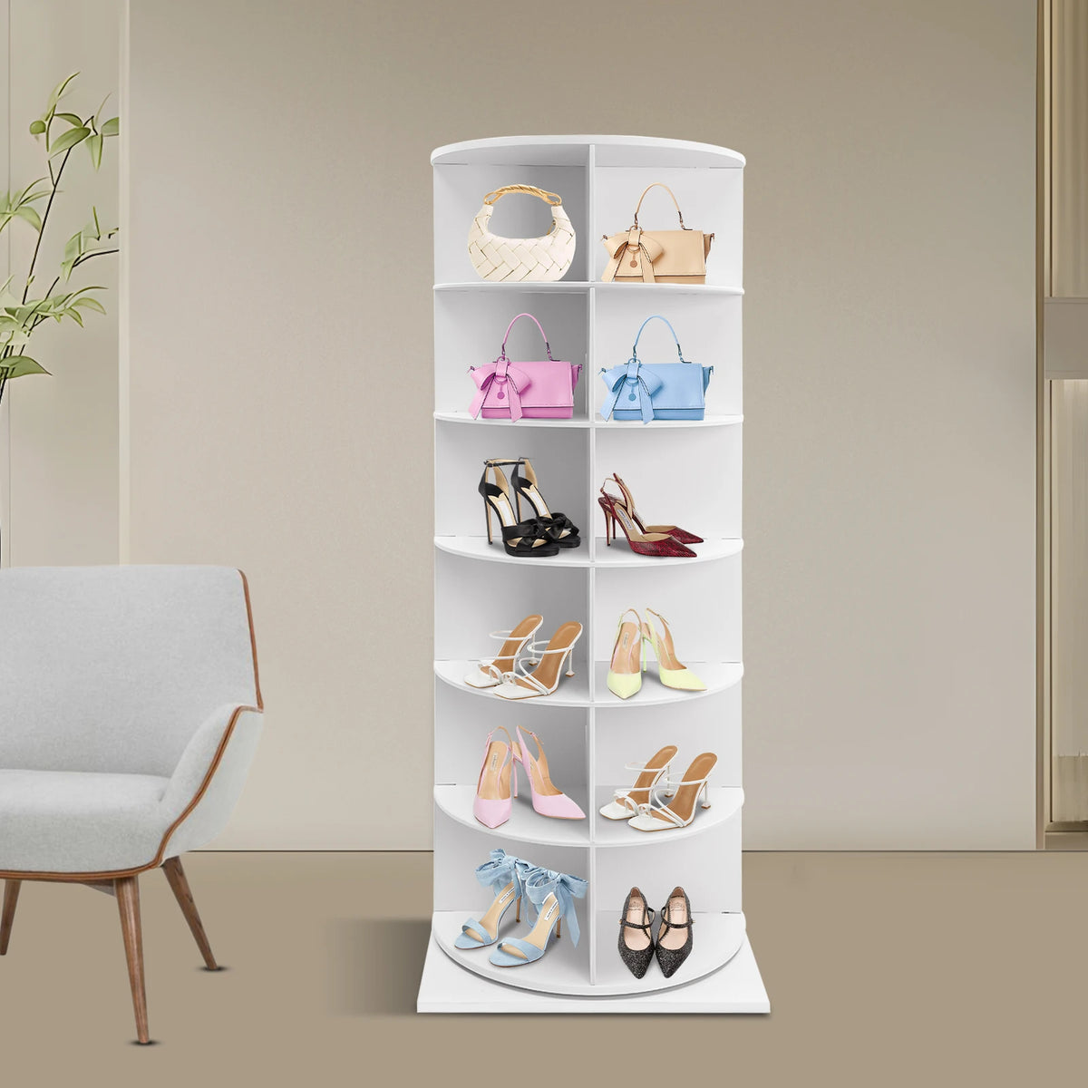 6/7 Tier 360° Rotating Shoe Rack Organizer Multifunctional PVC Sheet Shoe Rack Home Space Saving Corner Tower for Hats Bags Books Holds 24/28 Pairs of Shoes
