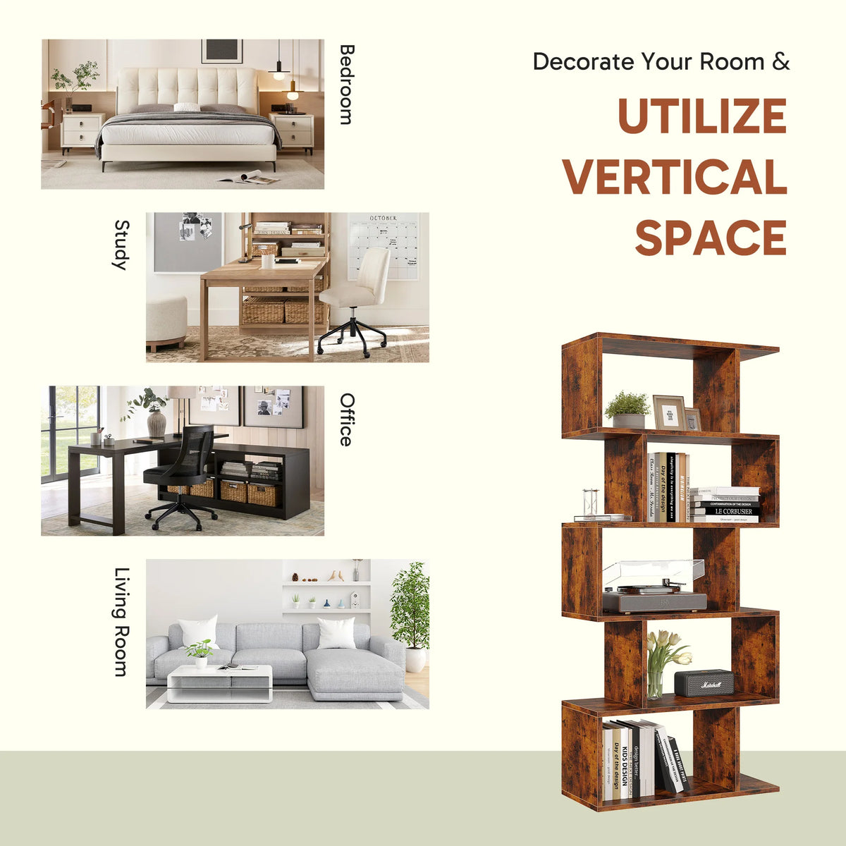 JHK Modern Five Tier Wooden S Shaped Display Bookcase