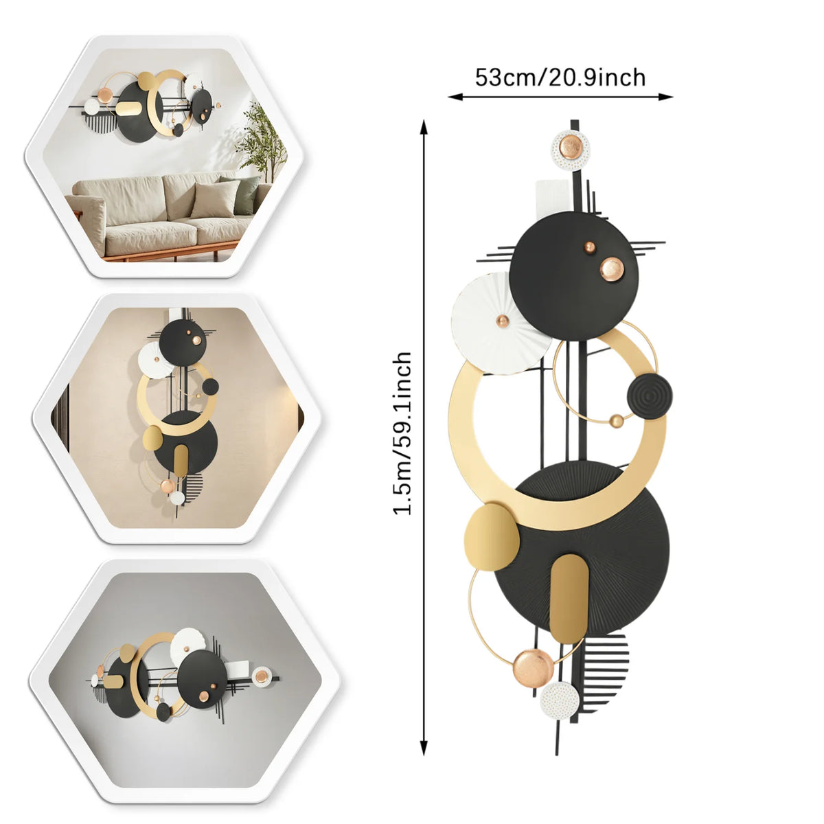 Wall Art, Black and Gold Geometric Circles Wall Decoration, Large Modern Abstract Metal Wall Art, fits for Living Room, Dinning Room, Bedroom, Entryway and Office