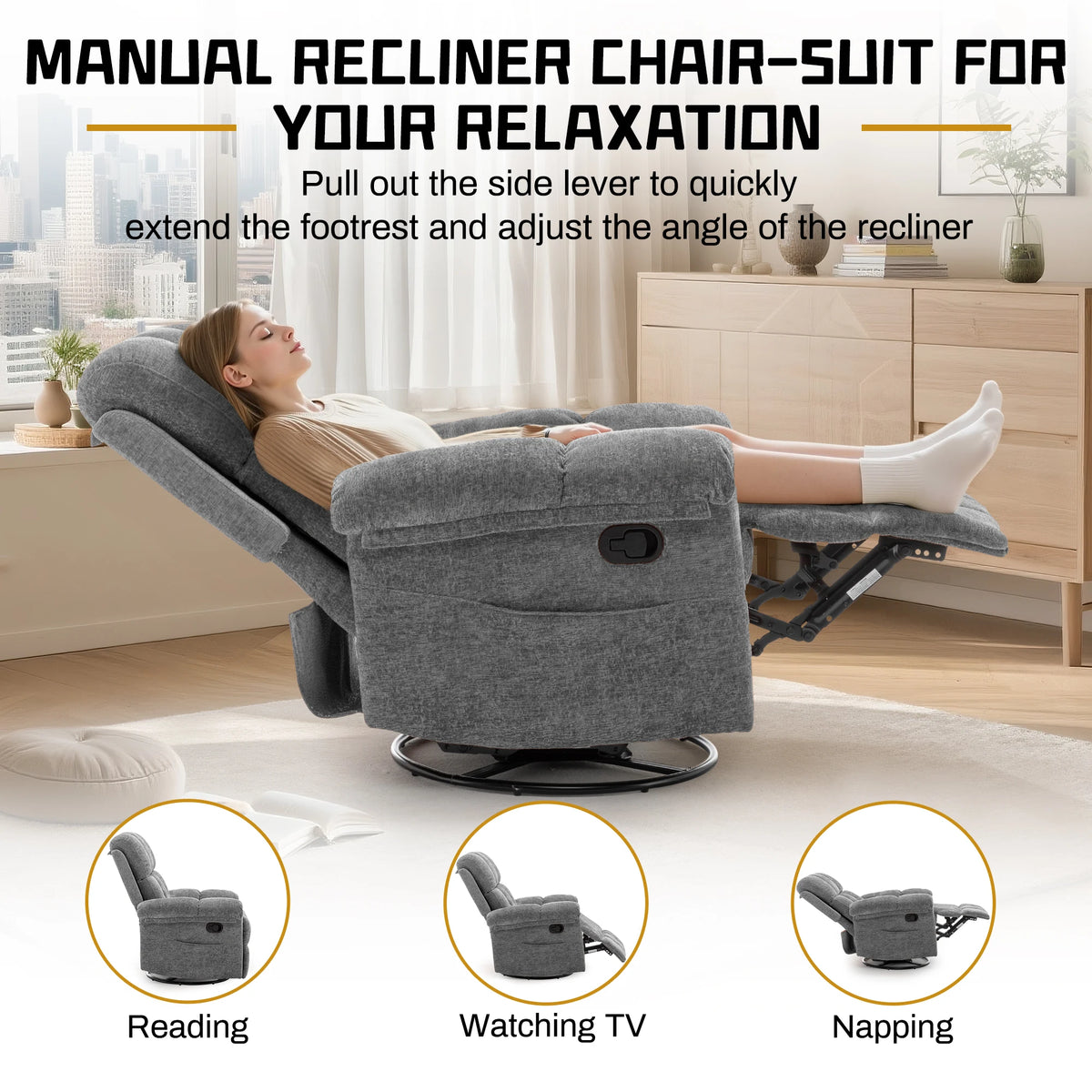 KORSER Chenille Swivel Rocker Recliner Chair With Side Pockets