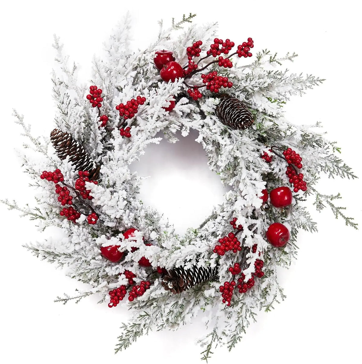 18 Inch Winter Christmas Wreath Snow Flocked Artificial Pine Garland Wreath Red Berries Pinecones Xmas Ornament Window Wall Hanging Decor Christmas Decorations