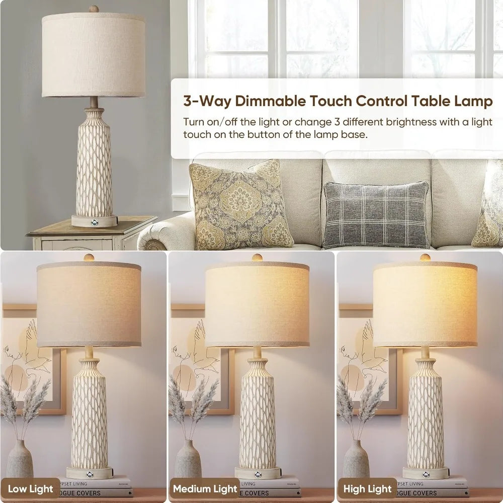 Farmhouse Table Lamp Set With USB Charging And Touch Dimming