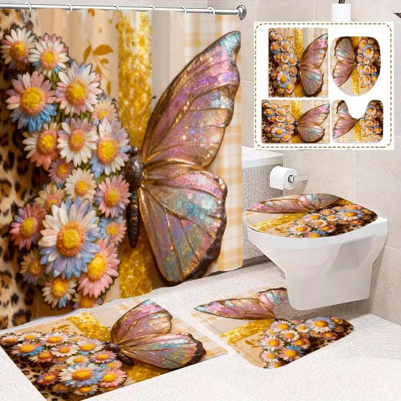 2D Flat, 4pcs Floral and Butterfly 2D Bathroom Set, High-quality Bathroom Decorations and Accessories Including a Non-slip Bath Mat, U-shaped Floor Mat, Toilet Seat, and Shower Curtain with 12 Hooks.