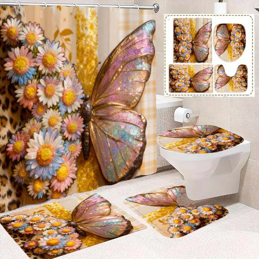 2D Flat, 4pcs Floral and Butterfly 2D Bathroom Set, High-quality Bathroom Decorations and Accessories Including a Non-slip Bath Mat, U-shaped Floor Mat, Toilet Seat, and Shower Curtain with 12 Hooks.