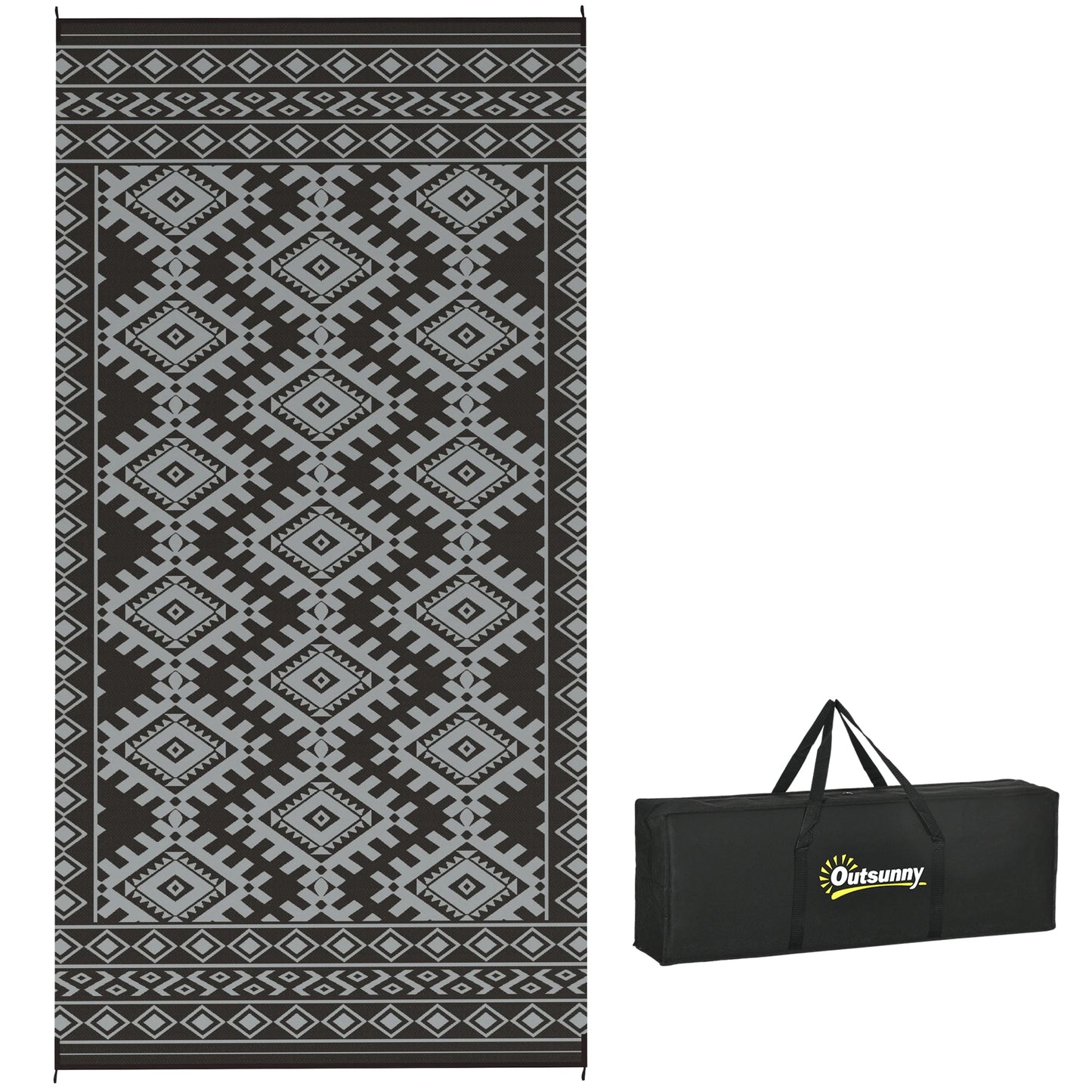 Outdoor Rug, 9' x 18' Floor Mat, Black Gray Rhombus Border