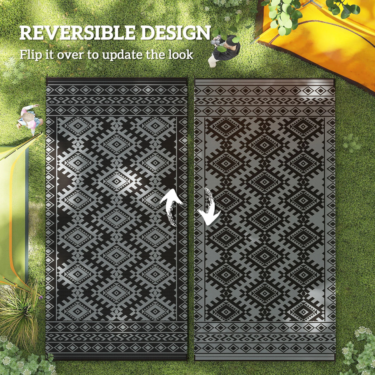 Outdoor Rug, 9' x 18' Floor Mat, Black Gray Rhombus Border
