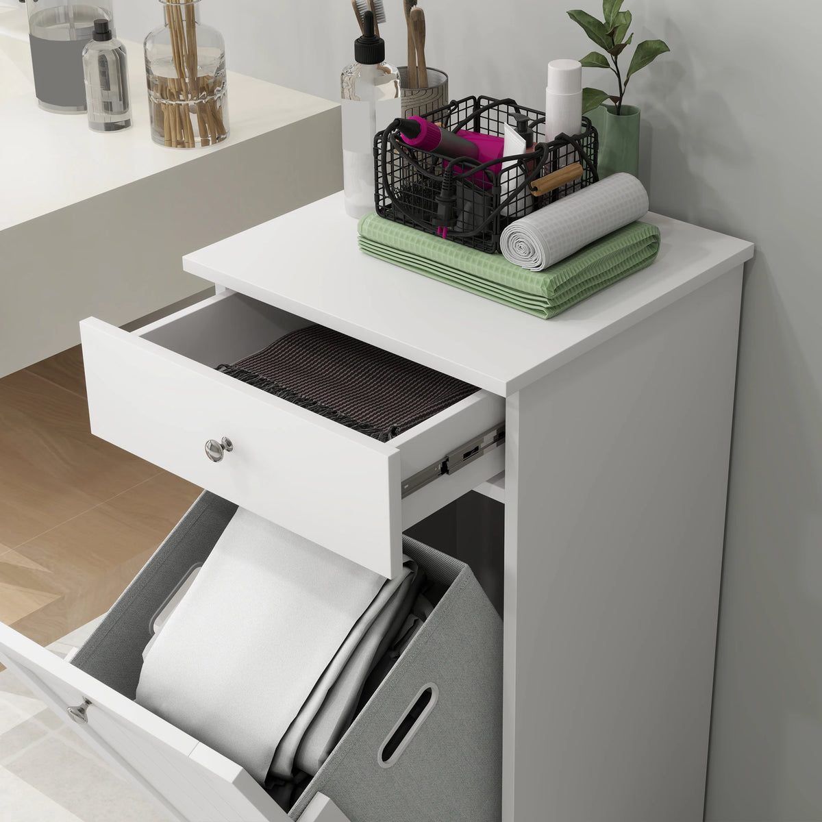 HOMCOM Laundry Cabinet with Removable Basket, Tilt Out Laundry Hamper with Drawer and Beadboard Door, Bathroom Hamper Cabinet, White