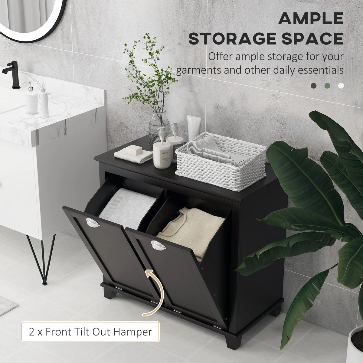 Dual Tilt out Laundry Hamper Cabinet, Bathroom Storage Cabinet with 2-Compartment Hamper, Modern Bathroom Floor Cabinet for Washroom, Black