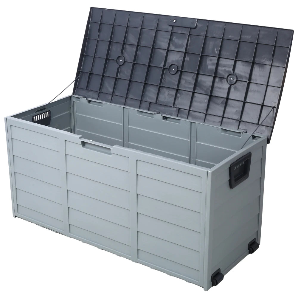 All Weather UV Resin 75 Gallon Outdoor Deck Box with Wheel Patio Backyard Storage Bin for Cushions Garden Tools Pool Toys