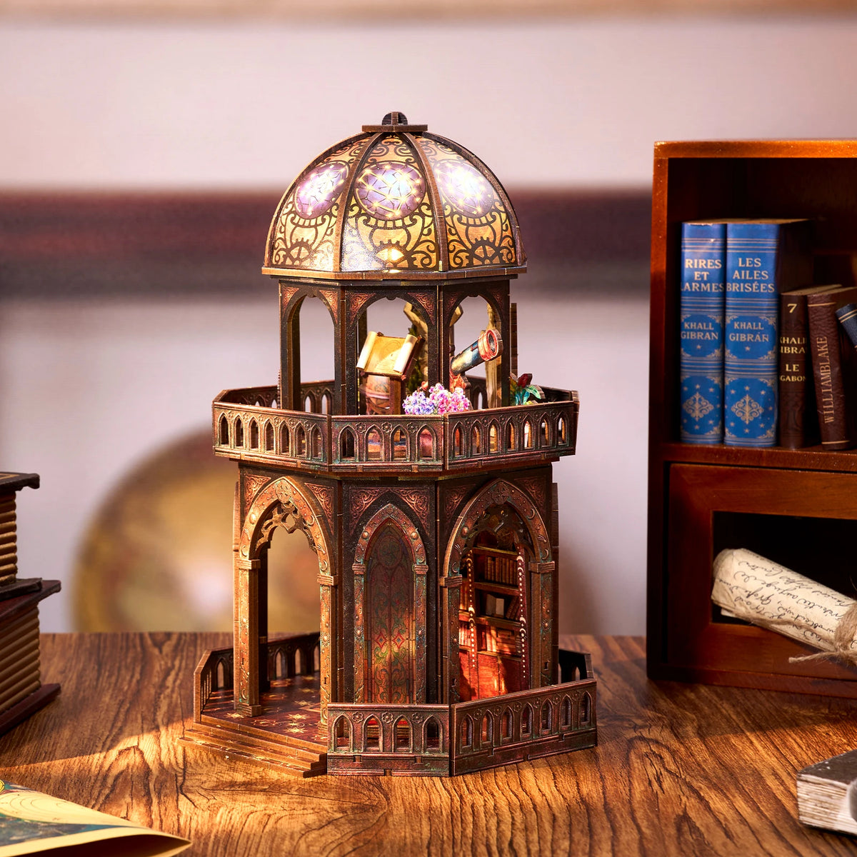 DIY 3D Wooden Puzzle Book Nook Kit Observatory Bookshelf Insert Dollhouse Model Bookend Home Decoration Building Gifts for Adults