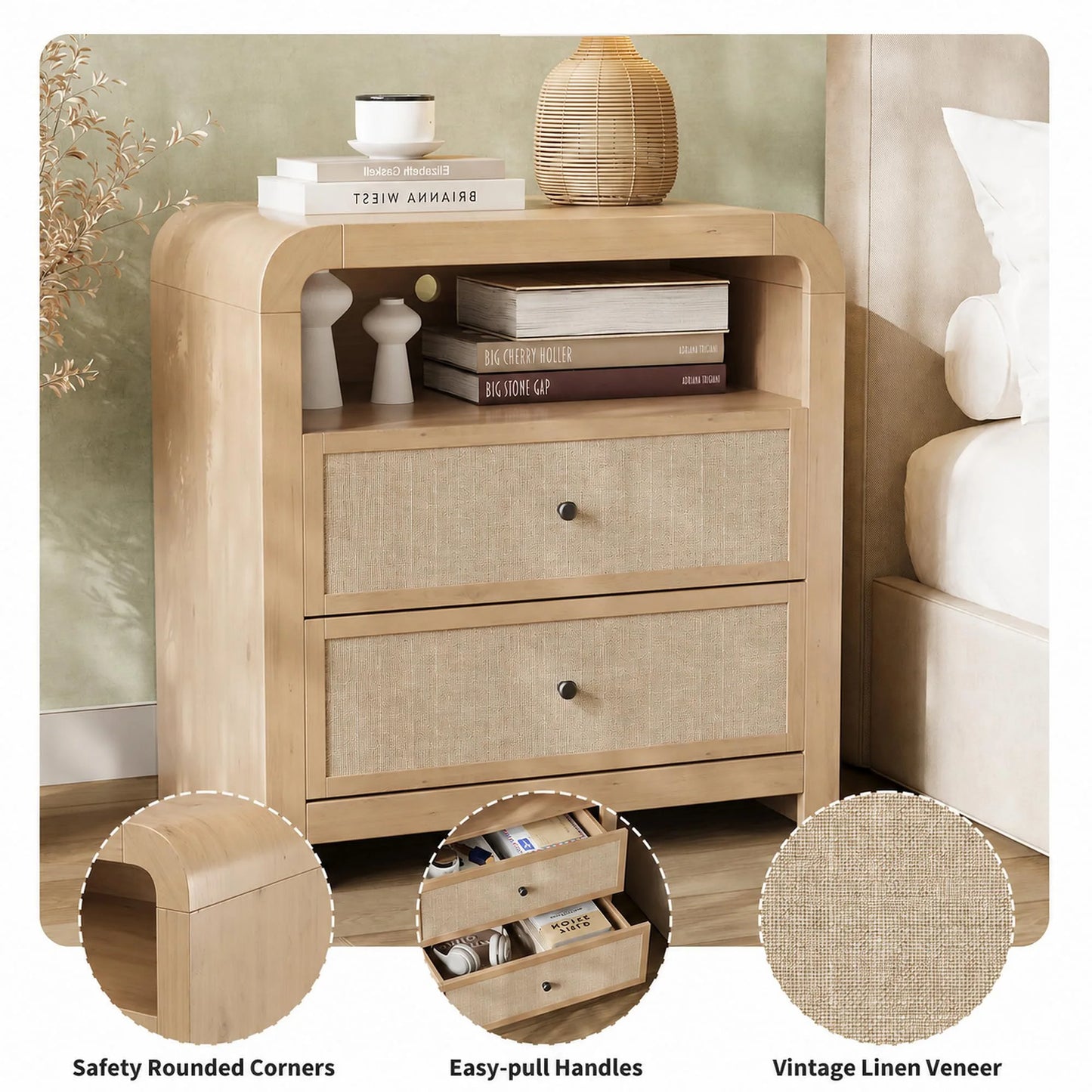 23" Wide Nightstand With Charging Station, 2 AC Outlets 2 USB Ports, 2 Drawer Narrow Bedside Table For Bedroom Living Room Entryway