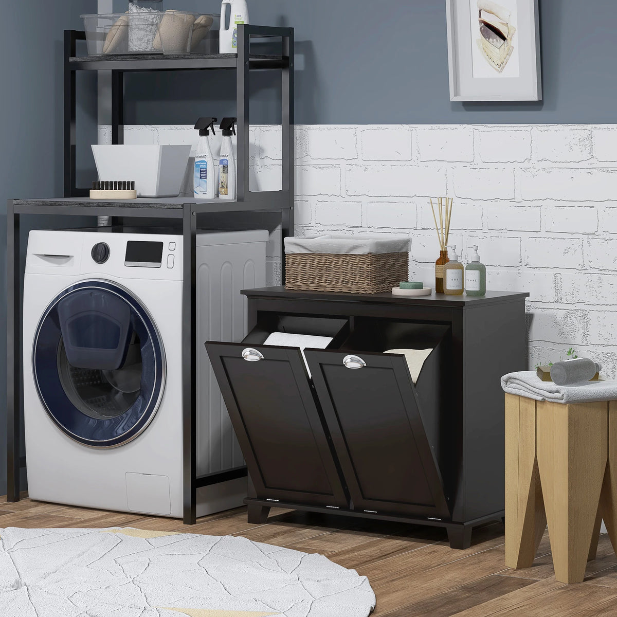 Dual Tilt out Laundry Hamper Cabinet, Bathroom Storage Cabinet with 2-Compartment Hamper, Modern Bathroom Floor Cabinet for Washroom, Black