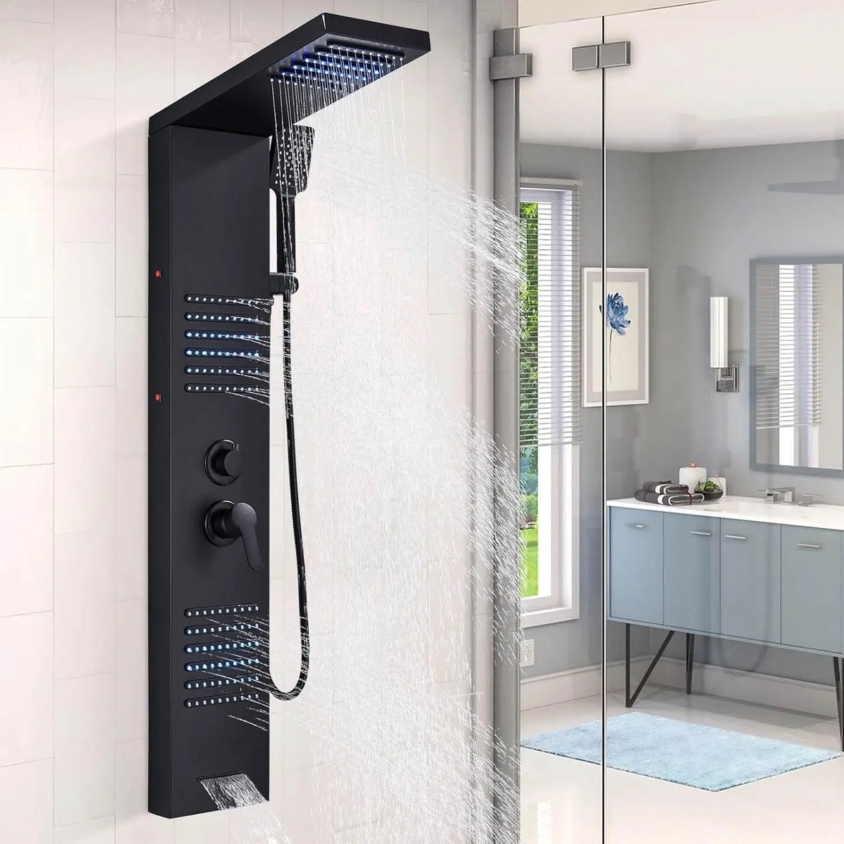 Black Shower Column LED Rainfall Bathroom Faucet with Massage Jet Shower Panel System 5 Modes Waterfall Hot and Cold Mixer Tap