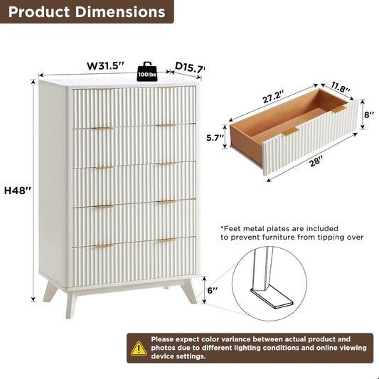 Fluted Modern Wooden Storage Dresser With Deep Drawers
