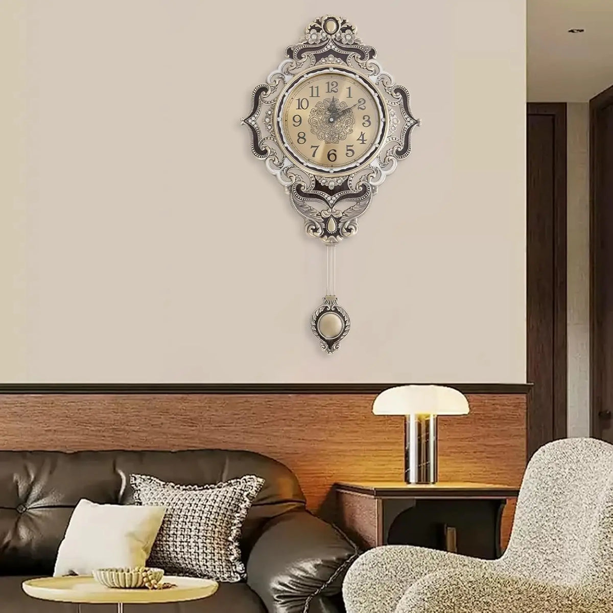 European Style Metal Wall Clock Featuring Quiet Swinging Pendulum