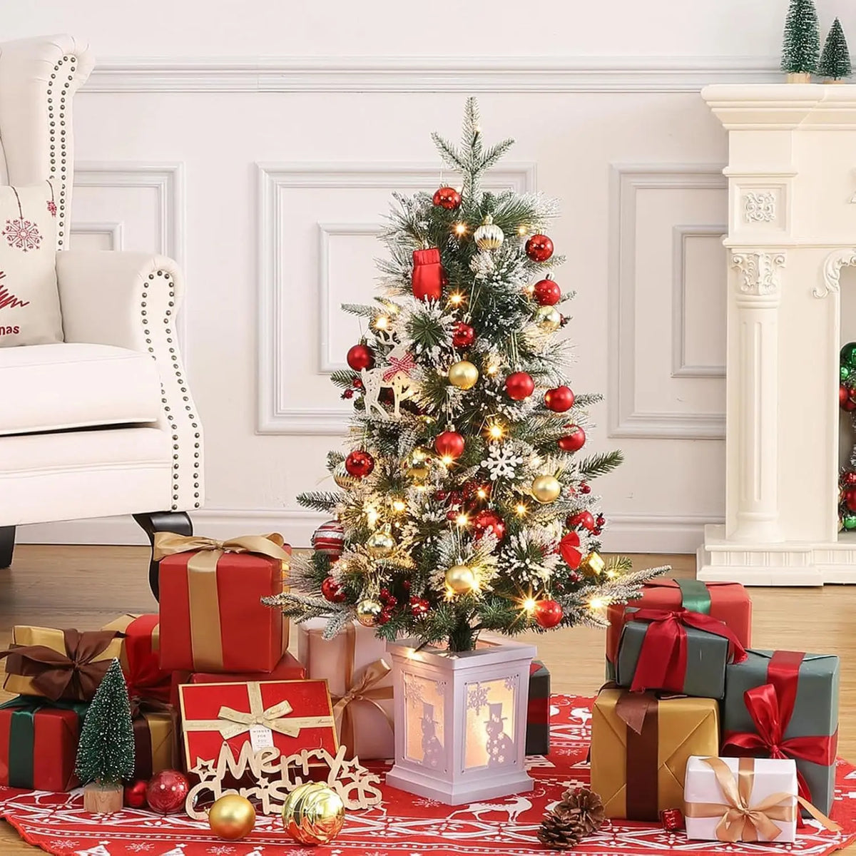 2Pcs Christmas Tree 3 Ft Pre-Lit Artificial Christmas Trees with Potted Base Snow Flocked Small  Tree With 78 Lights 8 Modes