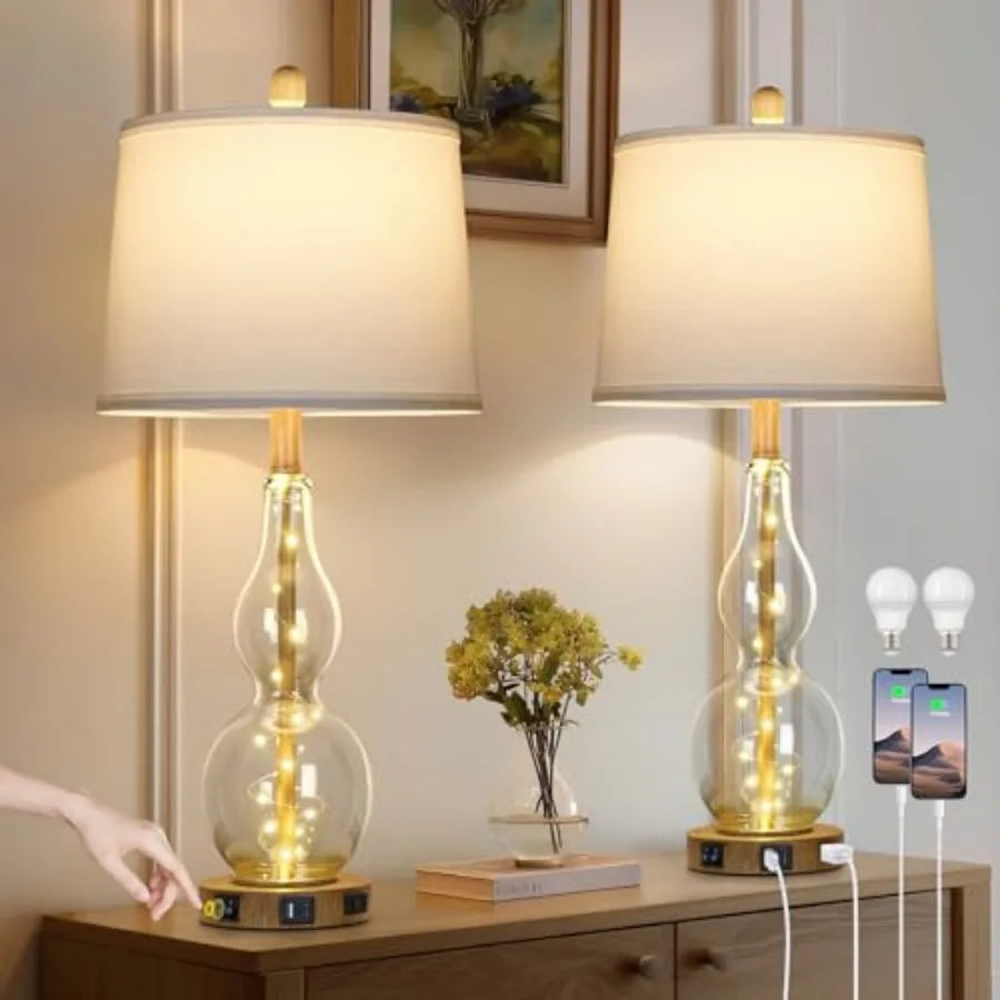 27.5" Glass Table Lamp Set of 2 with Night Light, Bedside Lamps with USB Ports and AC Outlet, Modern Nightstand Lamps Retro Far