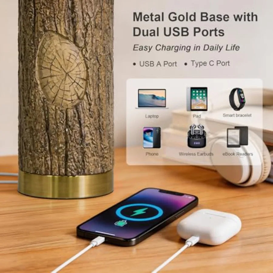 25.5'' Rustic Farmhouse Table Lamps Bark Lamps with Gold Base Bedside Lamps Set of 2 with A+C Charging Ports Retro Nightstand L