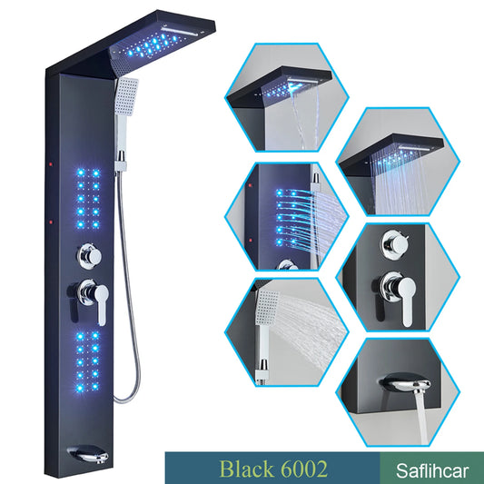 Black Shower Column LED Rainfall Bathroom Faucet with Massage Jet Shower Panel System 5 Modes Waterfall Hot and Cold Mixer Tap