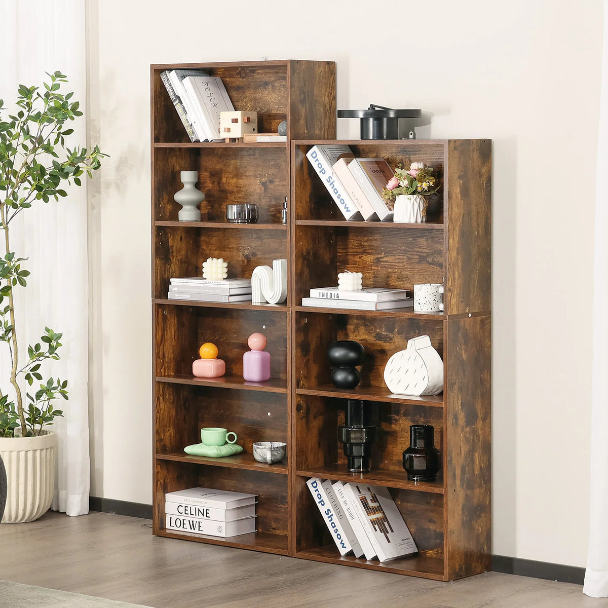 JHK Modern Wooden Bookcase With Six Tier Open Storage Shelves