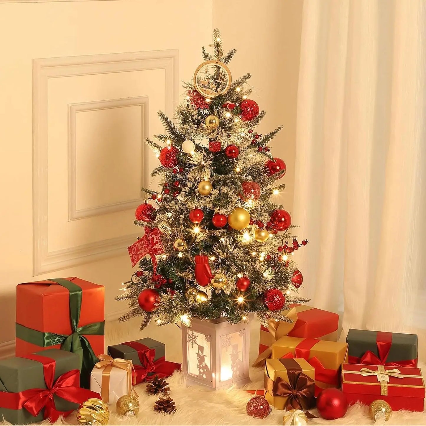 2Pcs Christmas Tree 3 Ft Pre-Lit Artificial Christmas Trees with Potted Base Snow Flocked Small  Tree With 78 Lights 8 Modes