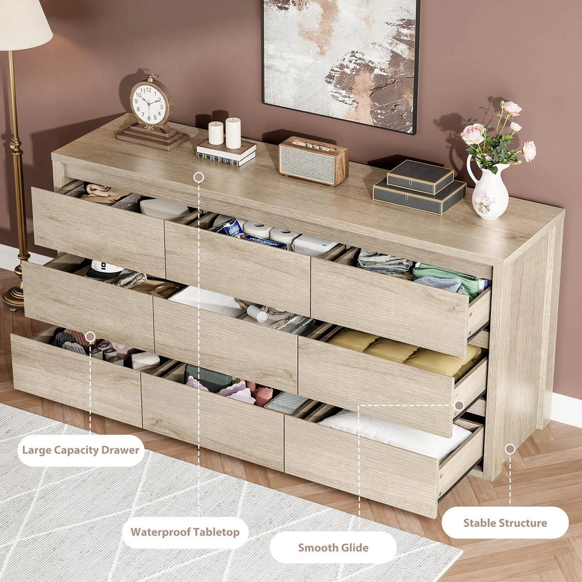 Acekool Modern Handleless Wood Dresser With Spacious Bedroom Storage