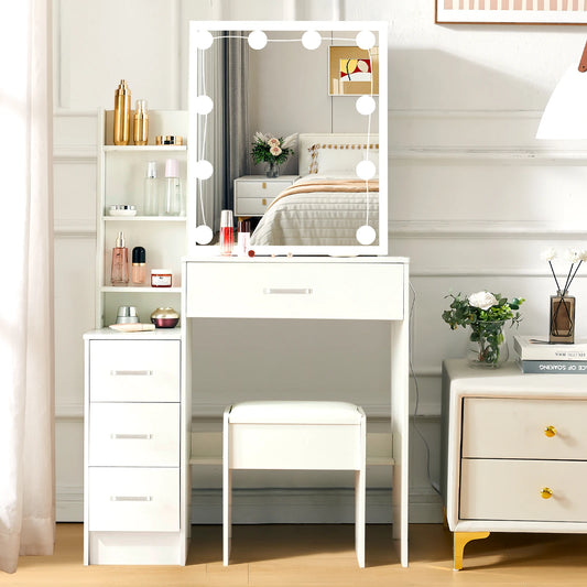 Yamissi LED Vanity Desk With Sliding Mirror And Four Drawers