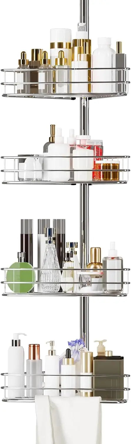 Bathroom Corner Shower Tension Pole Rust Proof Telescopic Rod Four-Layer 4 Tier Storage Rack Shower Organizer Stainless Steel Decor Shelf