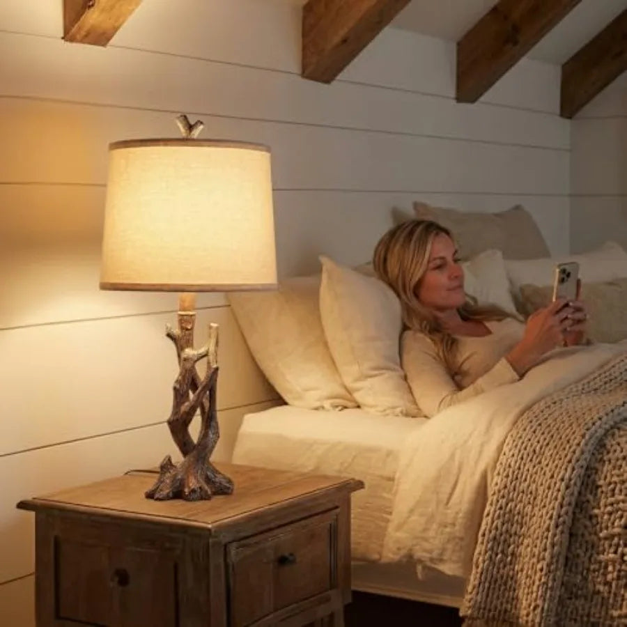 23" Rustic Farmhouse Table Lamp Country Cottage Lamps for Nightstand Tree Trunk Wood Grain Lamp for Bedroom Living Room with Oa