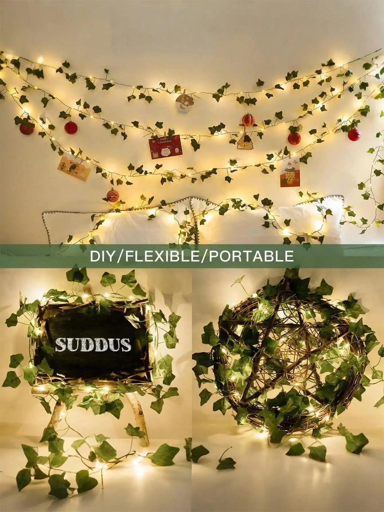 32.81ft 100 LED Ivy Lights, Vine Shaped, Battery Powered, Leaf Design, Suitable For Bedroom, Room, Wall, Garden, Garden Decor, Party