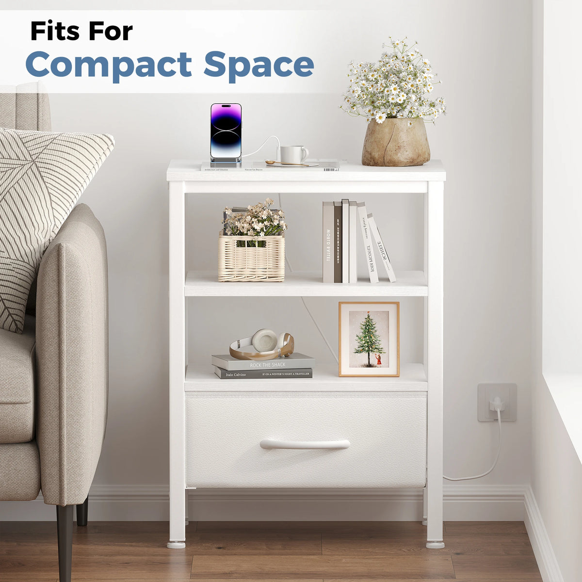 MCQ Nightstand With Fabric Drawer LED Lighting And Charging Station