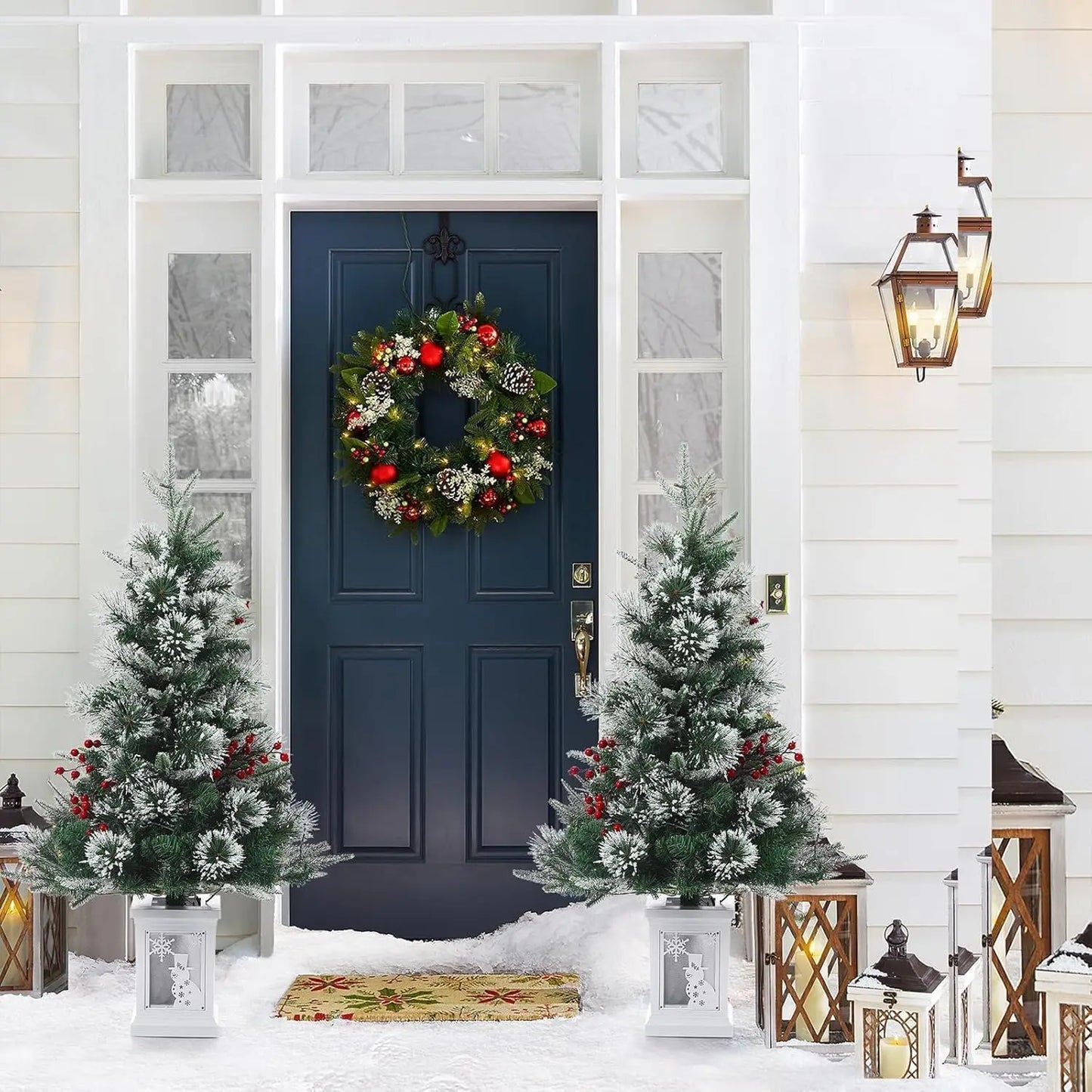 2Pcs Christmas Tree 3 Ft Pre-Lit Artificial Christmas Trees with Potted Base Snow Flocked Small  Tree With 78 Lights 8 Modes