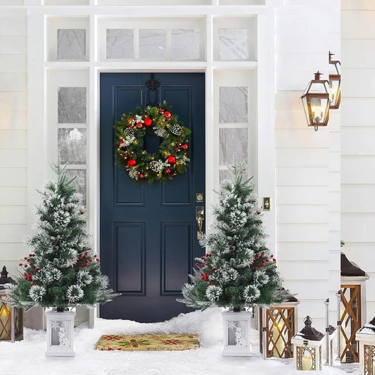2Pcs Christmas Tree 3 Ft Pre-Lit Artificial Christmas Trees with Potted Base Snow Flocked Small  Tree With 78 Lights 8 Modes