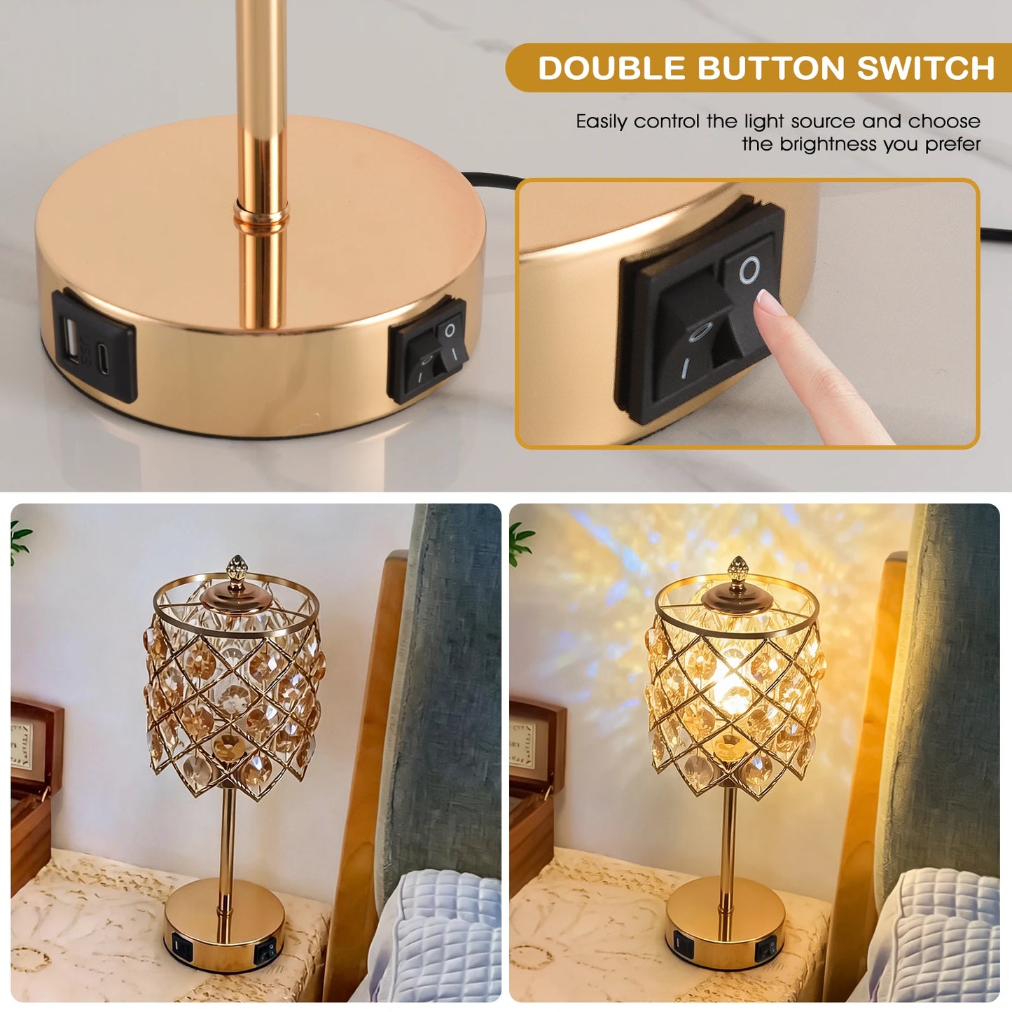 Luxury Gold Crystal Table Lamp with USB Charging Port & AC Outlet, Diamond Grid Crystal Lampshade Metal Bedside Nightstand Lamp, Elegant Decor Desk Lamp for Bedroom Living Room Hotel Wedding Home Decor