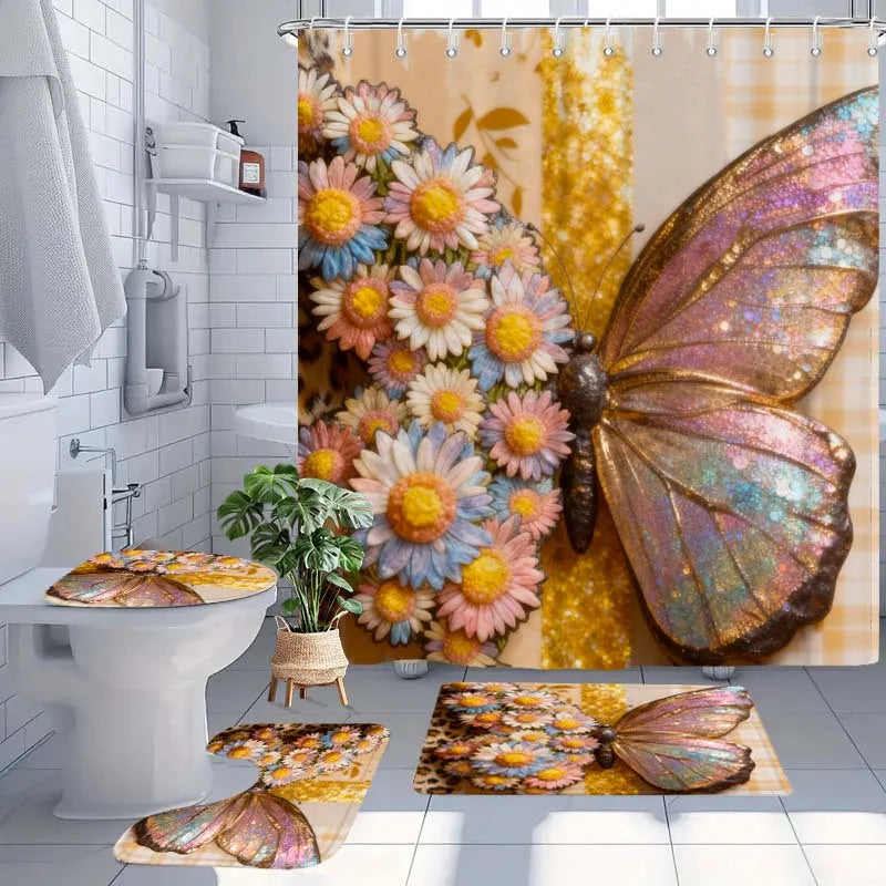2D Flat, 4pcs Floral and Butterfly 2D Bathroom Set, High-quality Bathroom Decorations and Accessories Including a Non-slip Bath Mat, U-shaped Floor Mat, Toilet Seat, and Shower Curtain with 12 Hooks.