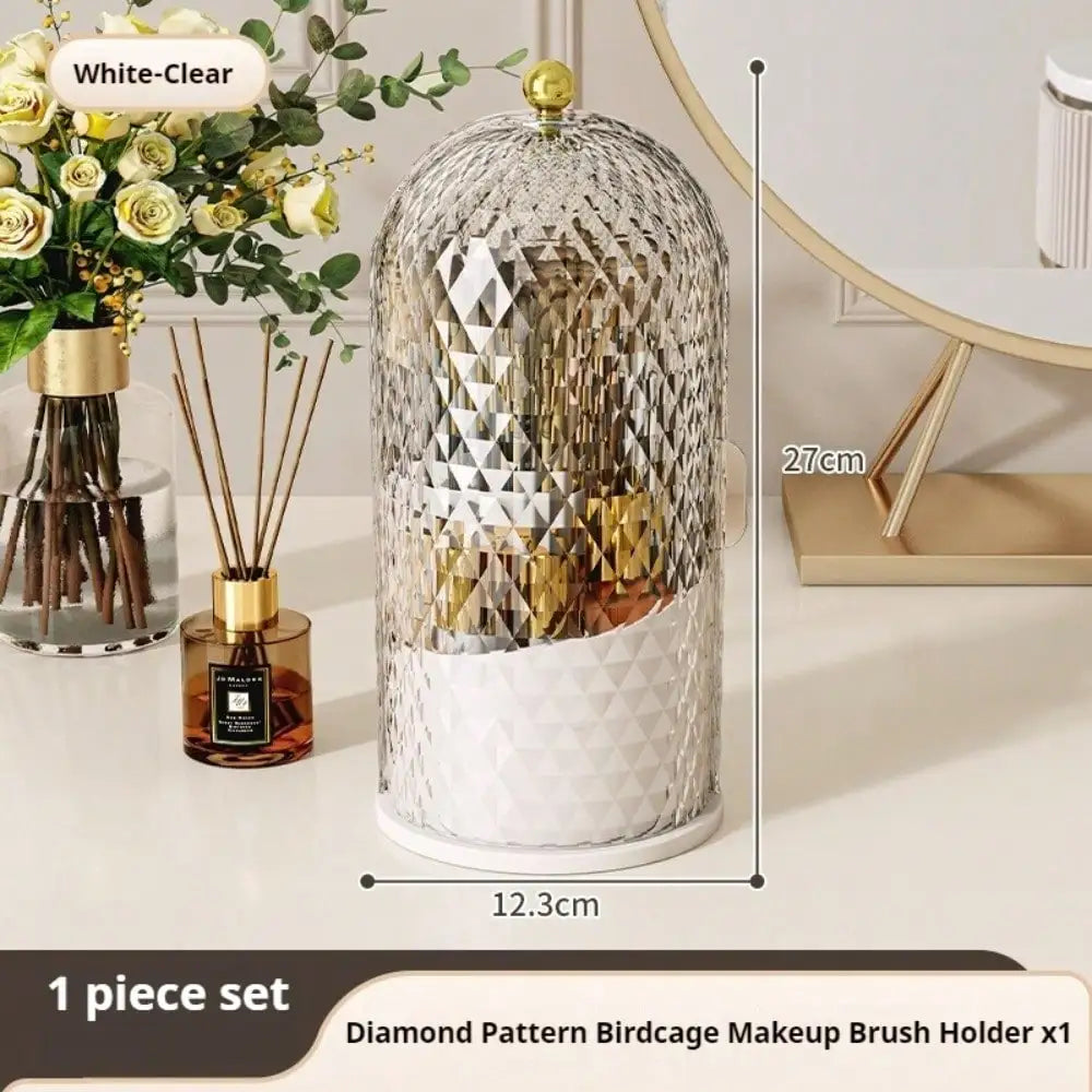 360° Rotating Multifunction Clear Dustproof Skincare Cosmetic Tools Storage Organizer, Makeup Brush Holder With Lid For Vanity Desktop Bathroom Countertop, Desk Organizer Creative Birdcage Large Capacity Lipstick, Lip Gloss