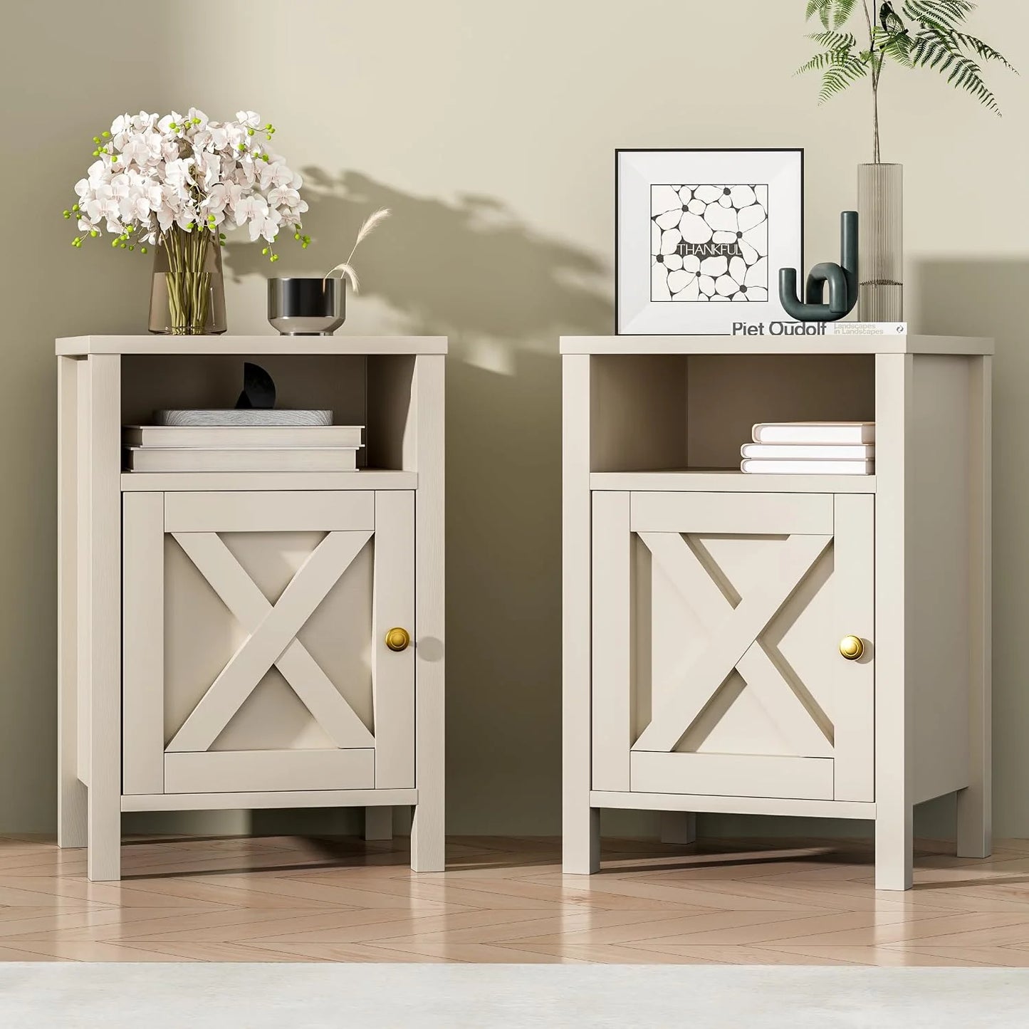 24.8"Farmhouse Nightstand Set 2, Wood Bedside Table with Barn Door Storage for Bedroom Living Room, White/Beige