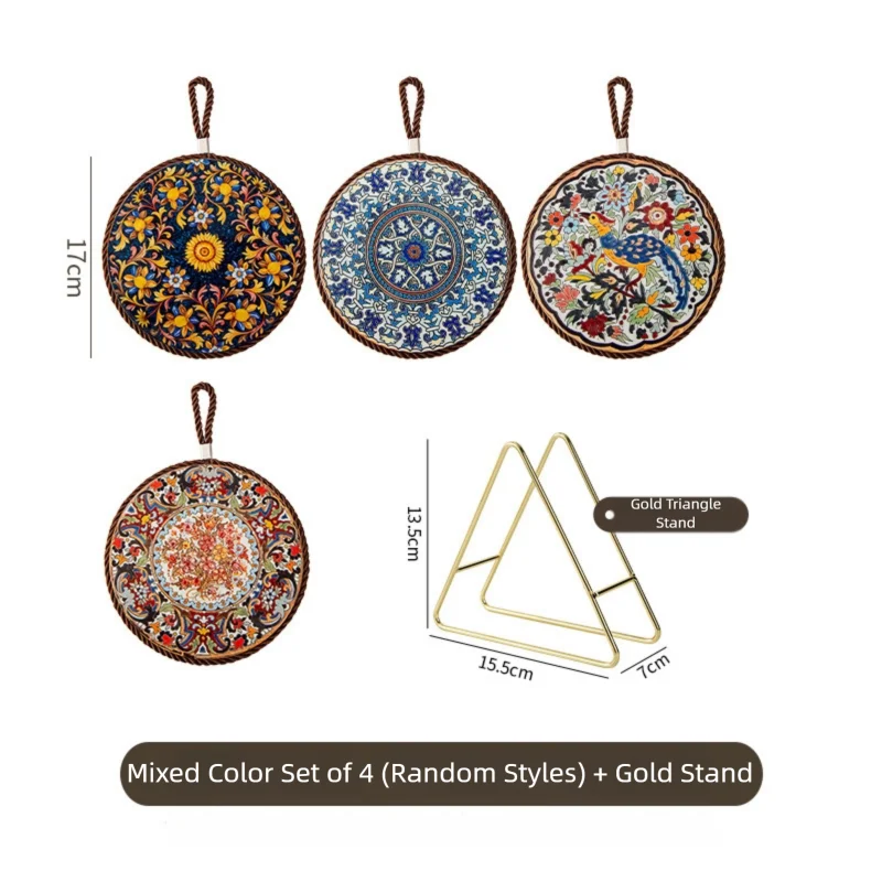 HeMu Bohemian Style Ceramic Pot Holders,Mandala Pattern Heat Resistant Trivets,Hanging Kitchen Coasters with Rope for Hot Dishes