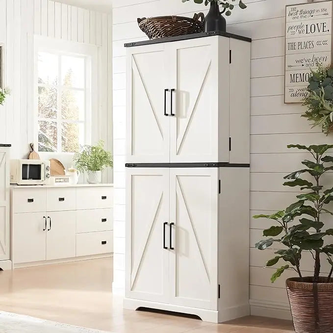 Tall Farmhouse Kitchen Pantry Cabinet, Barn Style Door with Adjustable Shelves, Freestanding Storage Cupboard for Dining Room