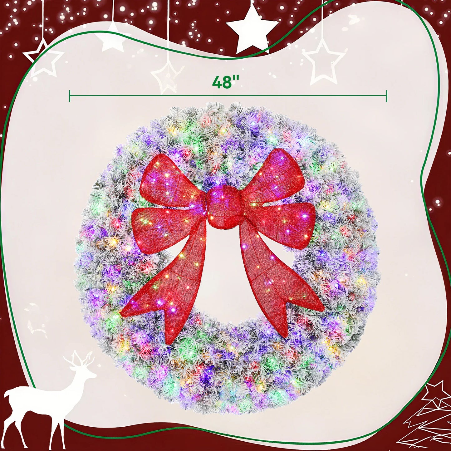 Homcom 48in Flocked Pre-Lit Artificial Christmas Wreath with 3D Red Bow