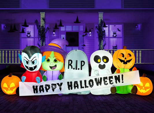 8 FT Long Inflatable Halloween Decor Outdoor, Halloween Blow Up Decorations Inflatable Pumpkin Ghost Vampire Witch Tombstone with LEDs for Yard Decorations