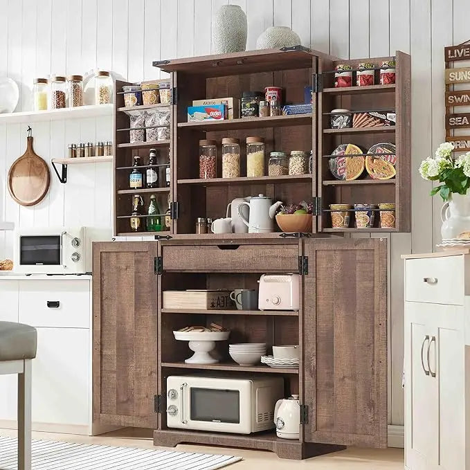 Tall Farmhouse Kitchen Pantry Cabinet, Barn Style Door with Adjustable Shelves, Freestanding Storage Cupboard for Dining Room