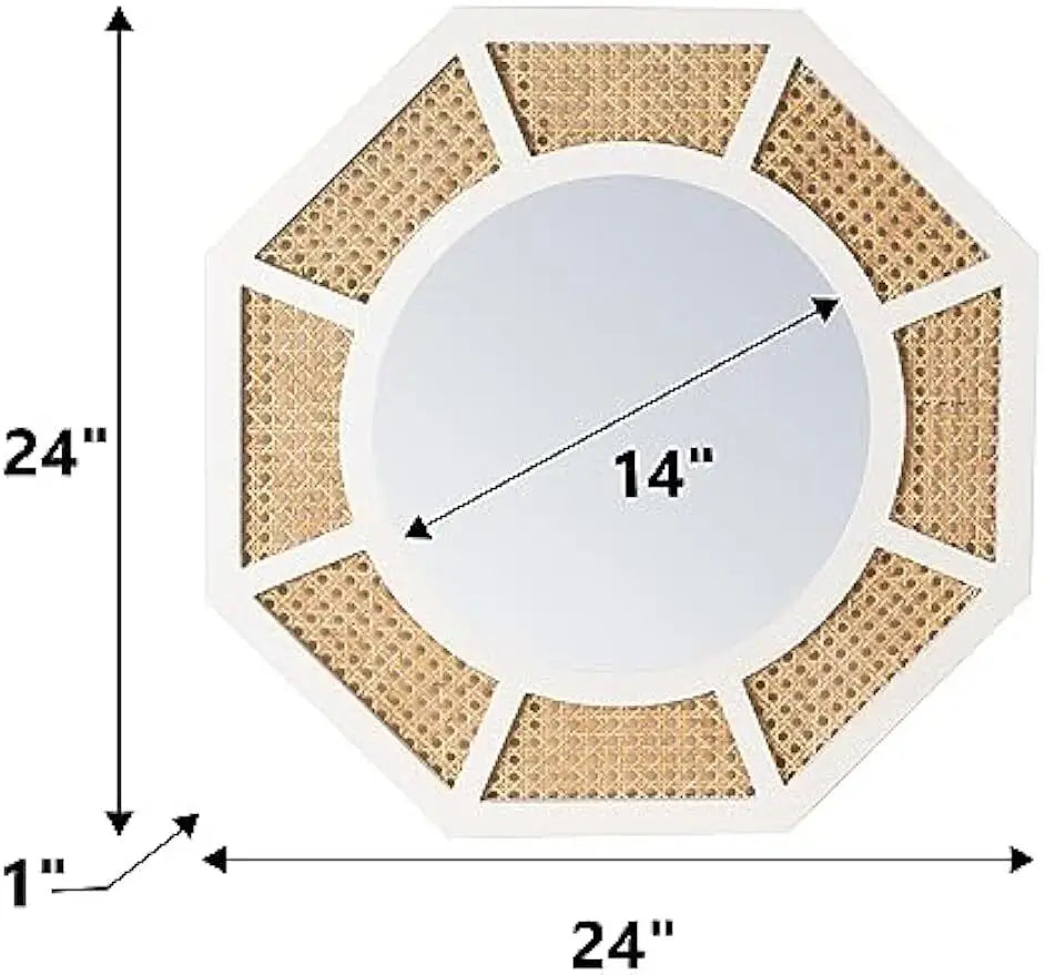 SHYFOY 24" Natural Woven Rattan Wall Mirror, White Frame Boho Wall Decor Mirror